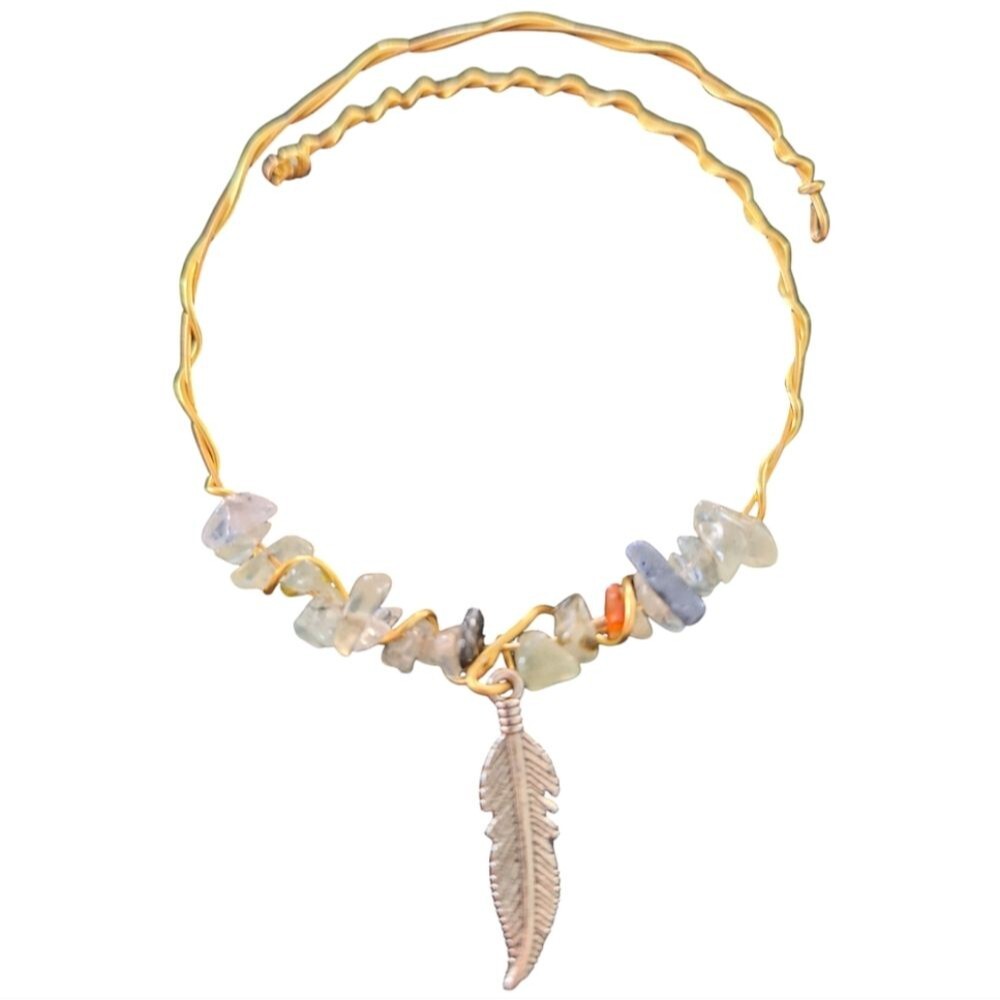 Mixed Gem Stones w/Feather Charm Extendable Bracelet